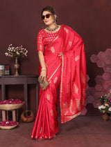 Dista Elora Satin Silk Floral Motifs Zari Weaving Banarasi Saree(Redise Pink, view 4