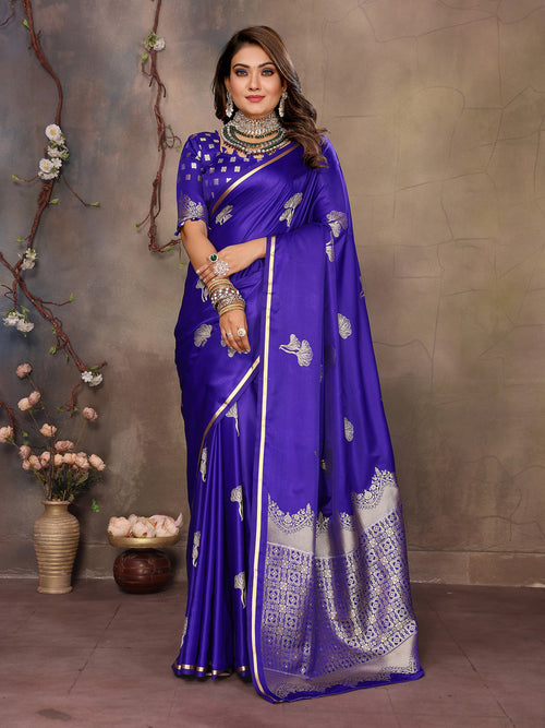 Dista Elora Satin Silk Floral Motifs Zari Weaving Banarasi Saree(Royal Blue