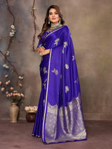 Dista Elora Satin Silk Floral Motifs Zari Weaving Banarasi Saree(Royal Blue, view 2