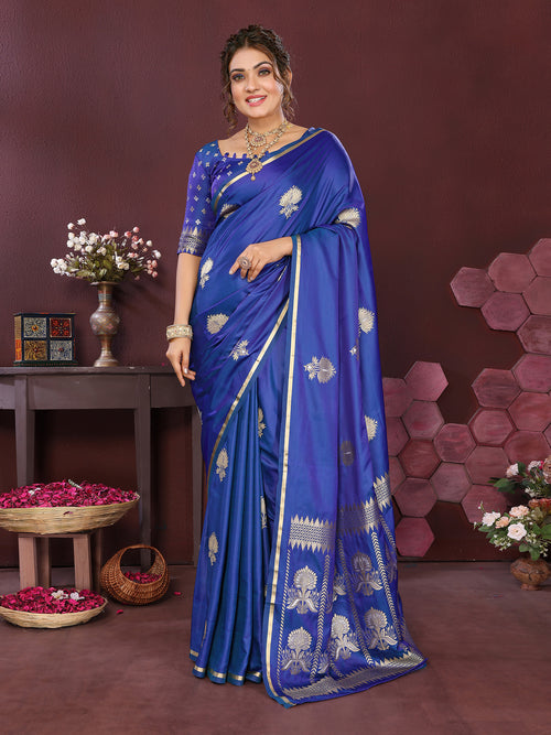 Dista Elora Satin Silk Floral Motifs Zari Weaving Banarasi Saree(Royal blue