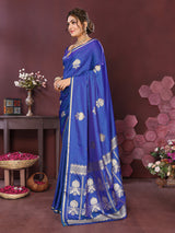 Dista Elora Satin Silk Floral Motifs Zari Weaving Banarasi Saree(Royal blue, view 2