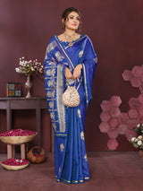 Dista Elora Satin Silk Floral Motifs Zari Weaving Banarasi Saree(Royal blue, view 3