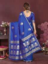 Dista Elora Satin Silk Floral Motifs Zari Weaving Banarasi Saree(Royal blue, view 4