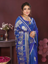 Dista Elora Satin Silk Floral Motifs Zari Weaving Banarasi Saree(Royal blue, view 6