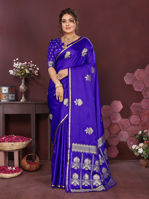 Dista Elora Satin Silk Floral Motifs Zari Weaving Banarasi Saree(Royal Blue