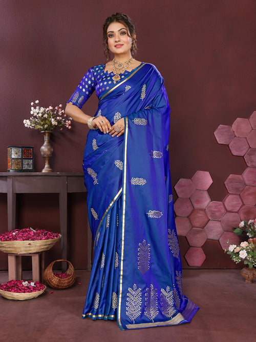 Dista Elora Satin Silk Floral Motifs Zari Weaving Banarasi Saree(Royal Blue