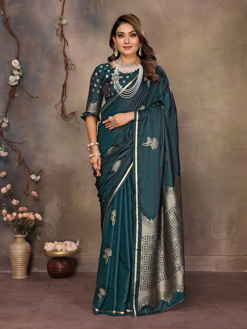 Dista Elora Satin Silk Floral Motifs Zari Weaving Banarasi Saree(Teal
