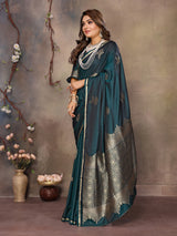 Dista Elora Satin Silk Floral Motifs Zari Weaving Banarasi Saree(Teal, view 2