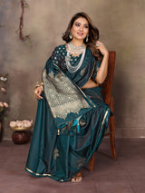 Dista Elora Satin Silk Floral Motifs Zari Weaving Banarasi Saree(Teal, view 3