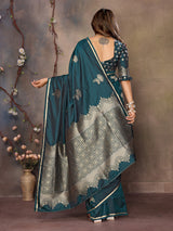 Dista Elora Satin Silk Floral Motifs Zari Weaving Banarasi Saree(Teal, view 4