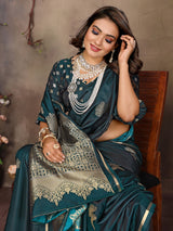 Dista Elora Satin Silk Floral Motifs Zari Weaving Banarasi Saree(Teal, view 5