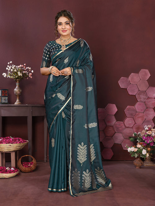 Dista Elora Satin Silk Floral Motifs Zari Weaving Banarasi Saree(Teal