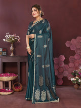 Dista Elora Satin Silk Floral Motifs Zari Weaving Banarasi Saree(Teal, view 2