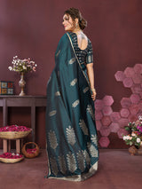 Dista Elora Satin Silk Floral Motifs Zari Weaving Banarasi Saree(Teal, view 3