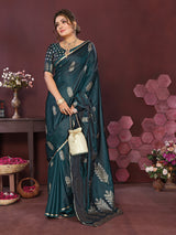 Dista Elora Satin Silk Floral Motifs Zari Weaving Banarasi Saree(Teal, view 4