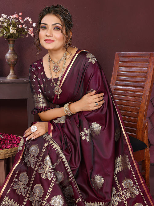 Dista Elora Satin Silk Floral Motifs Zari Weaving Banarasi Saree(Wine