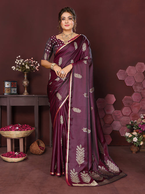 Dista Elora Satin Silk Floral Motifs Zari Weaving Banarasi Saree(Wine