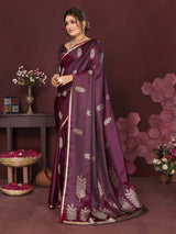 Dista Elora Satin Silk Floral Motifs Zari Weaving Banarasi Saree(Wine, view 2