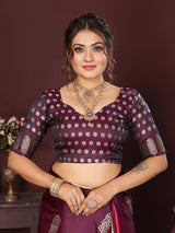 Dista Elora Satin Silk Floral Motifs Zari Weaving Banarasi Saree(Wine, view 3