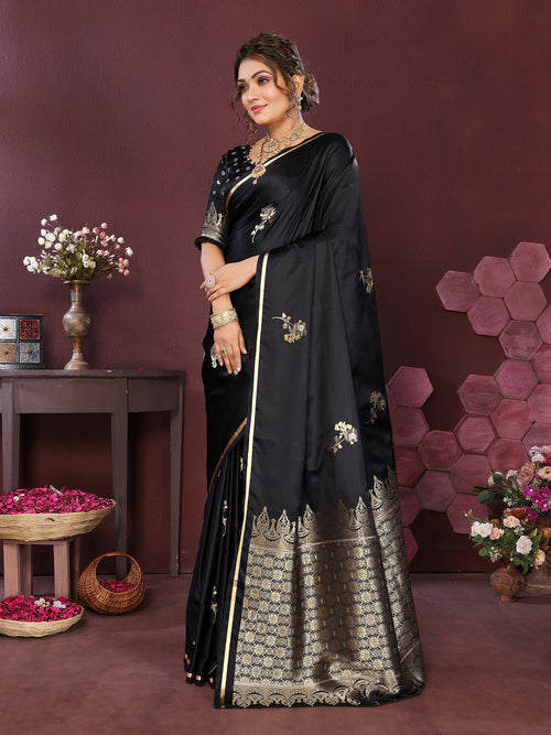 Dista Elora Satin Silk Floral Print Zari Weaving Banarasi Saree(Black