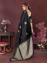 Dista Elora Satin Silk Floral Print Zari Weaving Banarasi Saree(Black, view 2