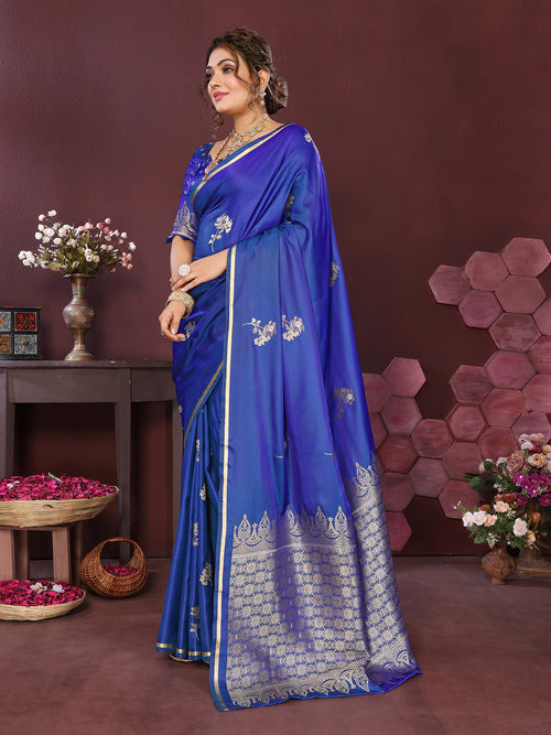 Dista Elora Satin Silk Floral Print Zari Weaving Banarasi Saree(Blue