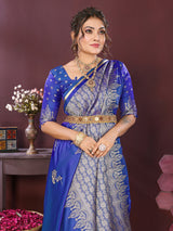Dista Elora Satin Silk Floral Print Zari Weaving Banarasi Saree(Blue, view 2