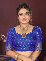 Dista Elora Satin Silk Floral Print Zari Weaving Banarasi Saree(Blue, view 3