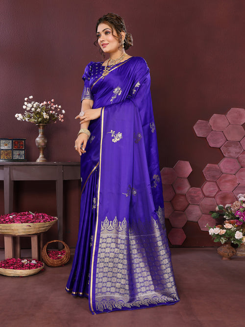 Dista Elora Satin Silk Floral Print Zari Weaving Banarasi Saree(Indigo Blue