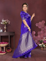 Dista Elora Satin Silk Floral Print Zari Weaving Banarasi Saree(Indigo Blue, view 2