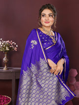 Dista Elora Satin Silk Floral Print Zari Weaving Banarasi Saree(Indigo Blue, view 3