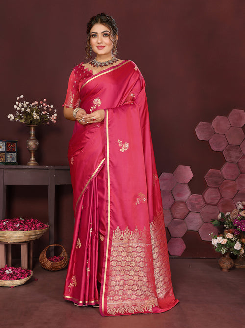 Dista Elora Satin Silk Floral Print Zari Weaving Banarasi Saree(Pink