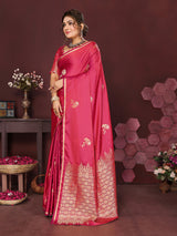 Dista Elora Satin Silk Floral Print Zari Weaving Banarasi Saree(Pink, view 2