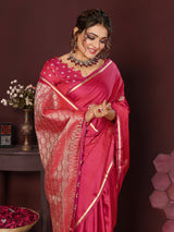 Dista Elora Satin Silk Floral Print Zari Weaving Banarasi Saree(Pink, view 4