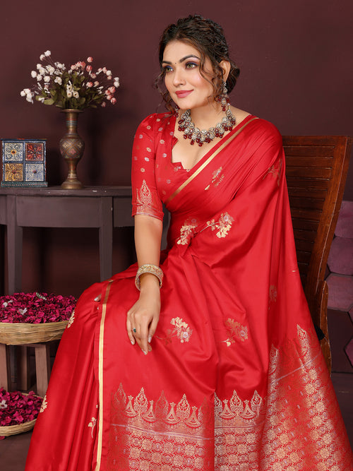 Dista Elora Satin Silk Floral Print Zari Weaving Banarasi Saree(Red