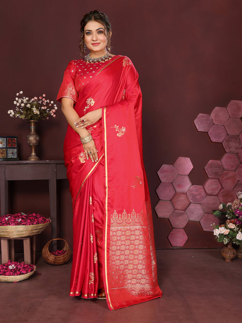 Dista Elora Satin Silk Floral Print Zari Weaving Banarasi Saree(Reddish Pink