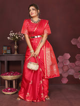 Dista Elora Satin Silk Floral Print Zari Weaving Banarasi Saree(Reddish Pink, view 2