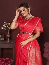 Dista Elora Satin Silk Floral Print Zari Weaving Banarasi Saree(Reddish Pink, view 3