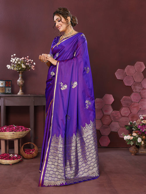 Dista Elora Satin Silk Floral Print Zari Weaving Banarasi Saree(Rich Purple