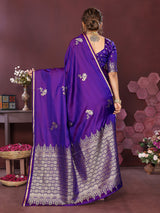 Dista Elora Satin Silk Floral Print Zari Weaving Banarasi Saree(Rich Purple, view 2