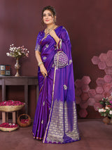 Dista Elora Satin Silk Floral Print Zari Weaving Banarasi Saree(Rich Purple, view 3