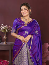 Dista Elora Satin Silk Floral Print Zari Weaving Banarasi Saree(Rich Purple, view 4