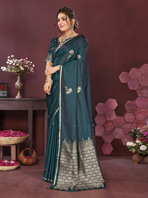 Dista Elora Satin Silk Floral Print Zari Weaving Banarasi Saree(Teal
