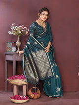 Dista Elora Satin Silk Floral Print Zari Weaving Banarasi Saree(Teal, view 2
