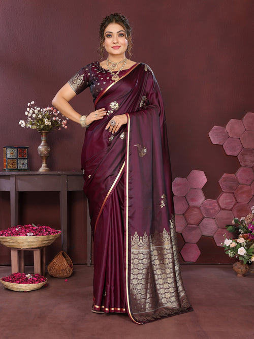 Dista Elora Satin Silk Floral Print Zari Weaving Banarasi Saree(Wine