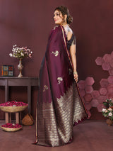 Dista Elora Satin Silk Floral Print Zari Weaving Banarasi Saree(Wine, view 2