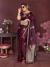 Dista Elora Satin Silk Floral Print Zari Weaving Banarasi Saree(Wine, view 3