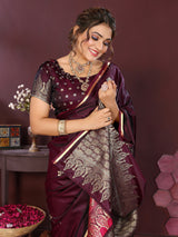 Dista Elora Satin Silk Floral Print Zari Weaving Banarasi Saree(Wine, view 4