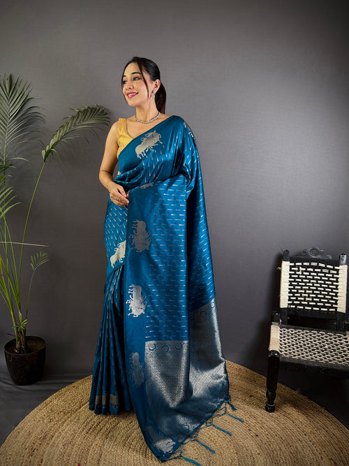 Dista Elora Sea Blue Lichi Silk Striped Jacquard Zari Weaving Banarasi Saree