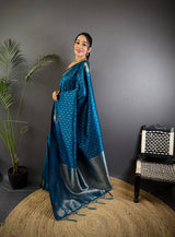 Dista Elora Sea Blue Lichi Silk Striped Jacquard Zari Weaving Banarasi Saree, view 2